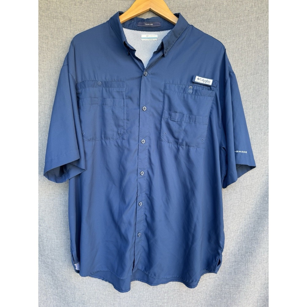 Columbia PFG Tamiami Shirt Mens XL Blue Omni-Shade Short Sleeve Fishing Outdoor
